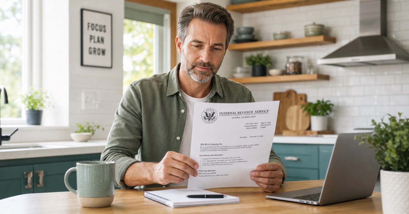A person calmly reading an IRS audit letter at their kitchen table with a coffee and laptop