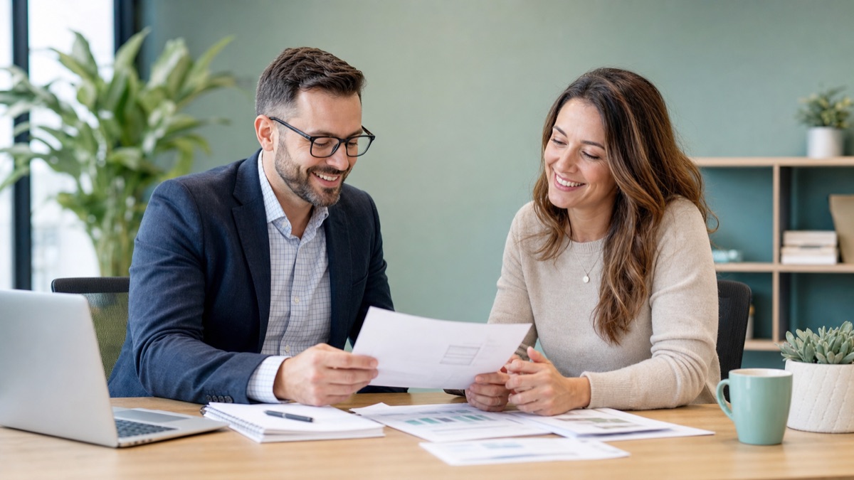 A friendly tax advisor reviewing documents with a relieved client in a bright office
