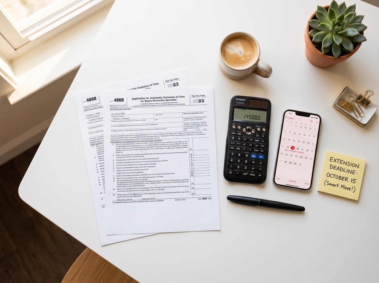 IRS Form 4868 tax extension application with calculator and October 15 deadline reminder