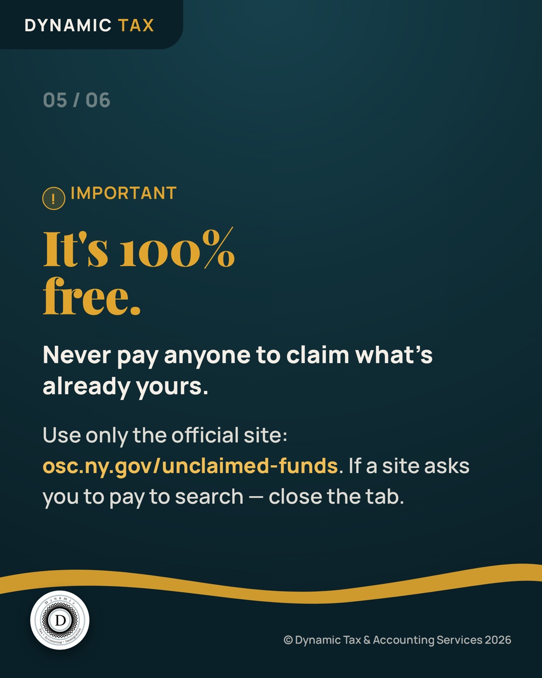 Important: claiming NY unclaimed funds is 100% free — never pay anyone to claim what's already yours; use only the official site osc.ny.gov/unclaimed-funds