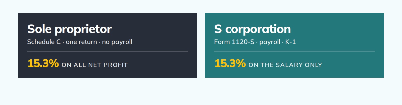 Sole proprietor pays 15.3% self-employment tax on all net profit; an S corporation pays it on the salary only.