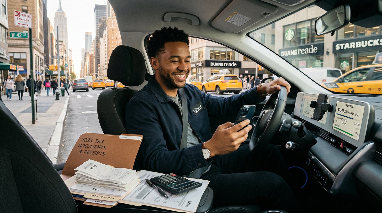 Uber driver in NYC reviewing tax documents and earnings on phone
