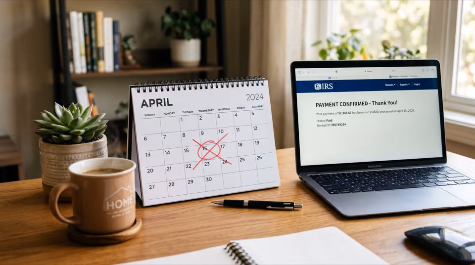 Calendar marked past the April 15 tax filing deadline next to a laptop