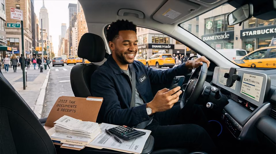 Rideshare driver at the wheel of a car in city traffic
